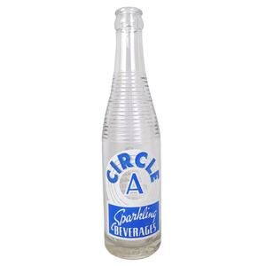 Vintage 1950s CIRCLE A Sparkling Beverages ACL 9oz Glass Soda Bottle, Blue White